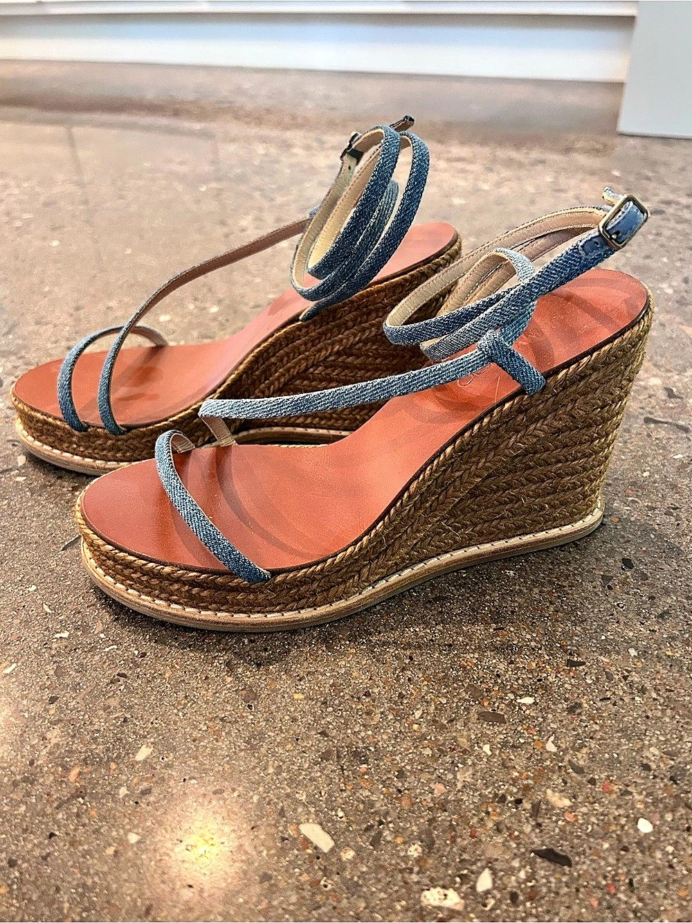 Jimmy Choo Drive Denim Wedge Espadrille Sandals Blue & Brown